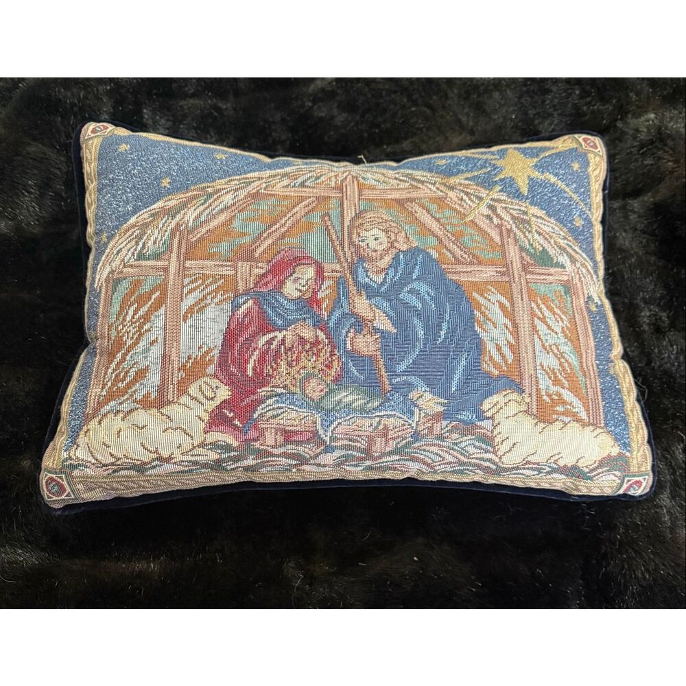 Christmas decorative Nativity Scene tapestry throw pillow. Jesus Mary Joseph